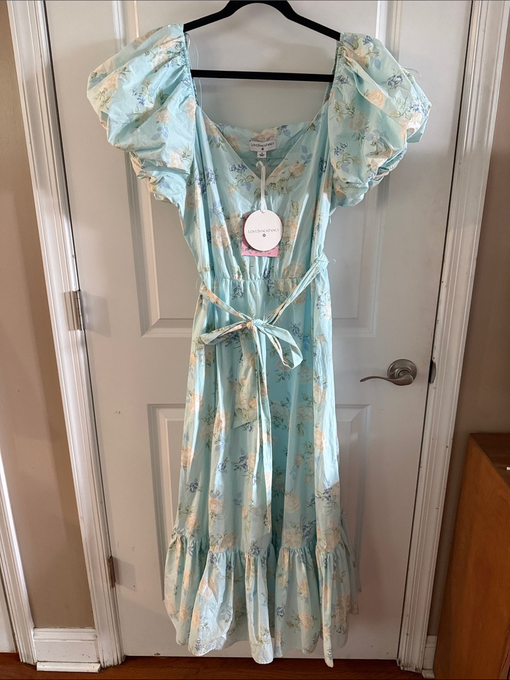 LoveShackFancy Light Blue Floral Off-Shoulder Midi Dress - Picture 6 of 6